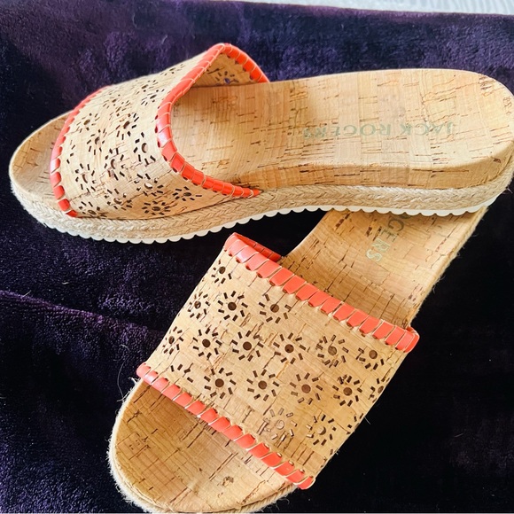 JACK ROGERS METALLIC FLORAL ESPADRILLE CORK SLIDES IN CORAL - Picture 1 of 7